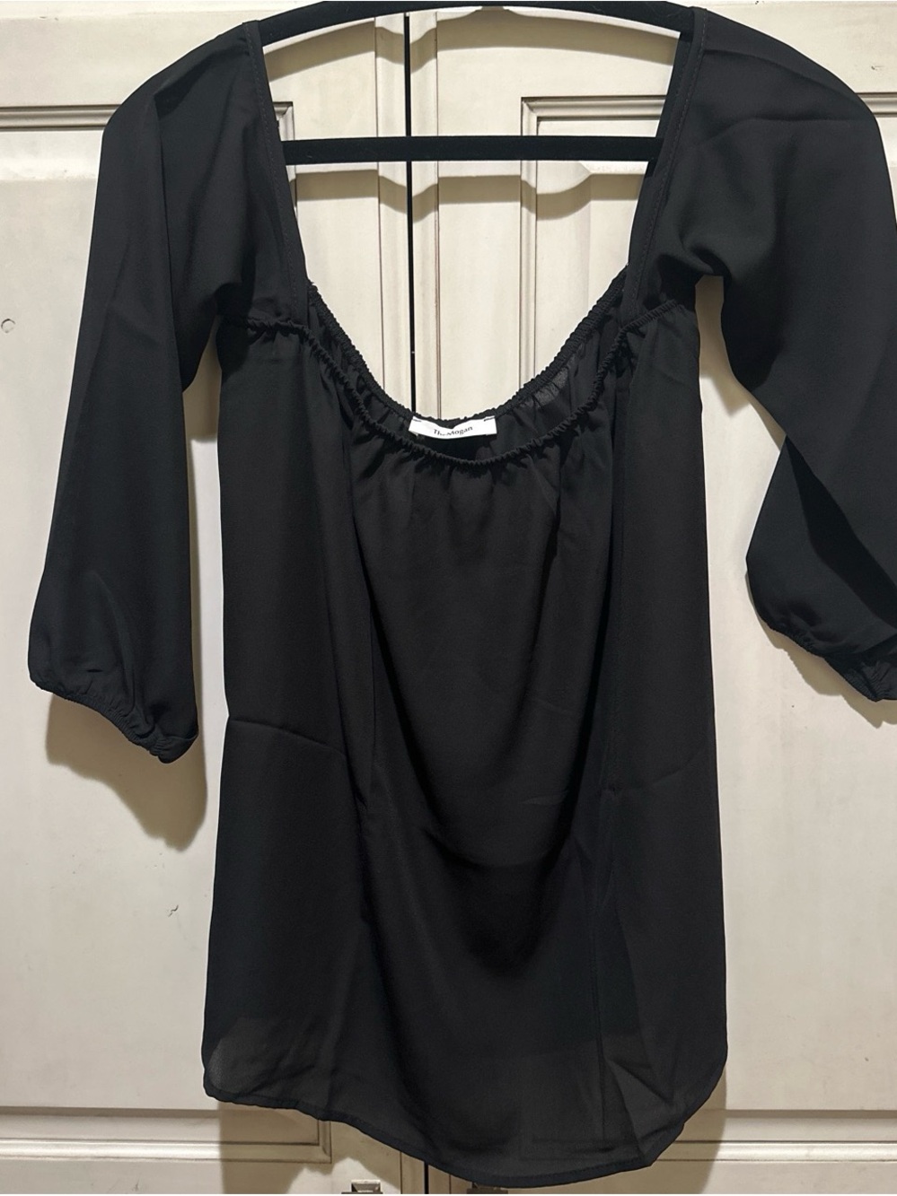 Women’s Black Square-Neck Blouse with Three-Quarter Puff Sleeves